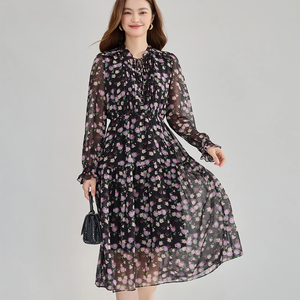 新款复古碎花木耳边圆领长袖松紧腰黑色雪纺中长连衣裙22388