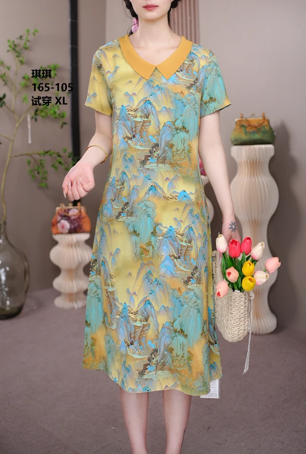 2305 山水画娃娃领直筒遮肚子连衣裙