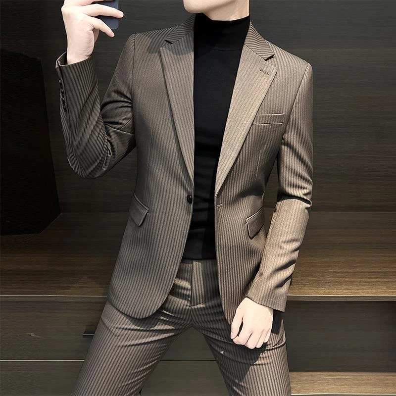 条纹西装套装男士2025新款夏季修身职业正装高级感痞帅休闲小西装