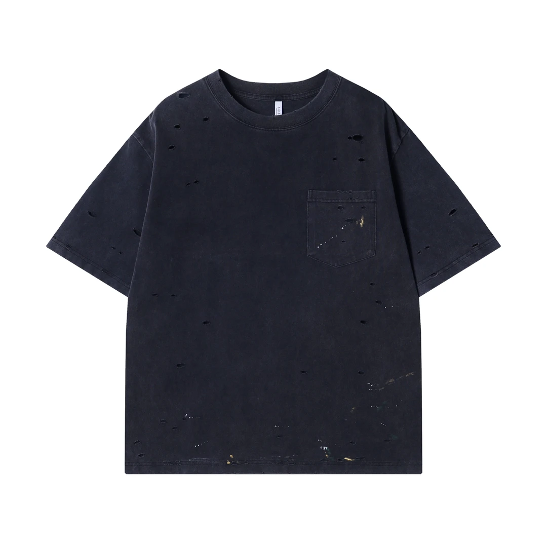 T515春夏破洞短袖黑色男士个性潮流T恤上衣