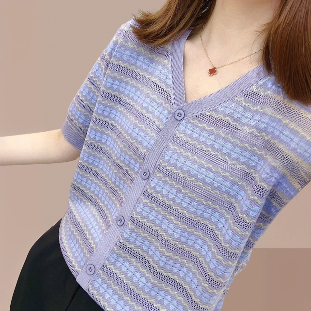2025夏季新款冰丝短袖t恤女宽松显瘦毛衣百搭镂空开衫外穿针织衫