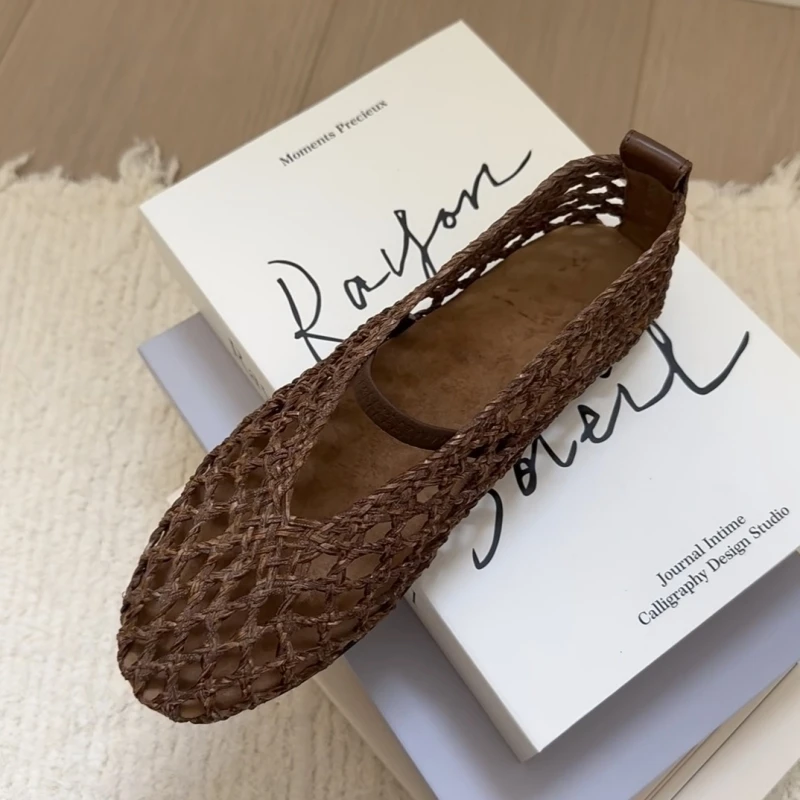 2025夏季新款镂空手工编织凉鞋女一字带圆头平底单鞋真皮玛丽珍鞋