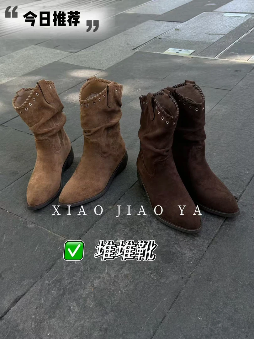 现货XIAOJIAOYA【堆堆靴】“复古尖头粗跟褶皱堆堆靴”（跟高5筒高21）