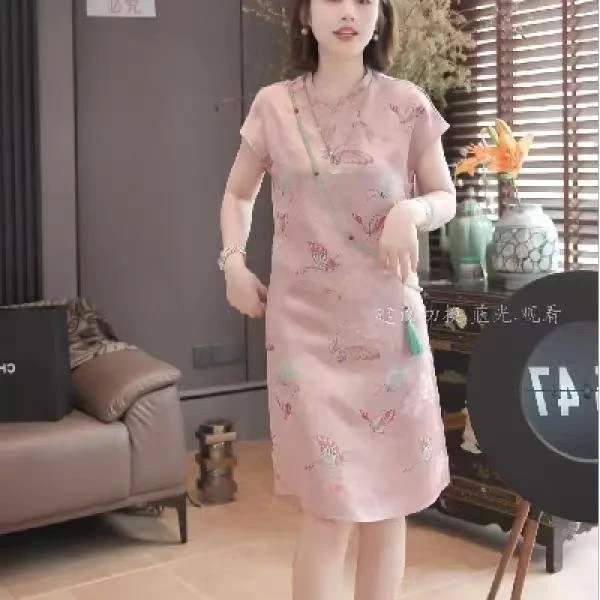 常规短袖旗袍裙印花立领连衣裙女装修身少女时尚中式
