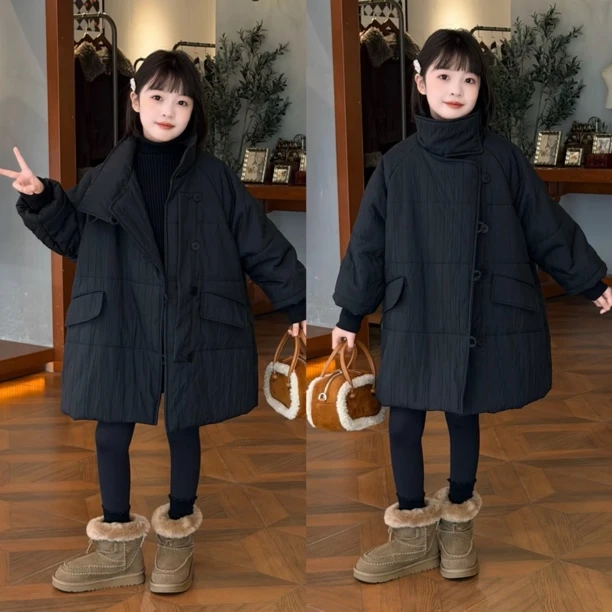 女童棉衣冬装2025新款女孩中长款立领棉服宽松外套冬季保暖棉袄潮