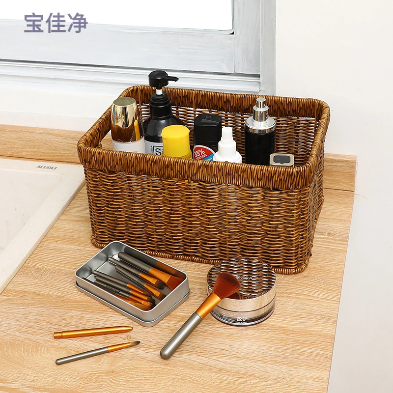 编织收纳筐家用桌面玩具杂物零食收纳整理箱储物篮仿藤编框简约款
