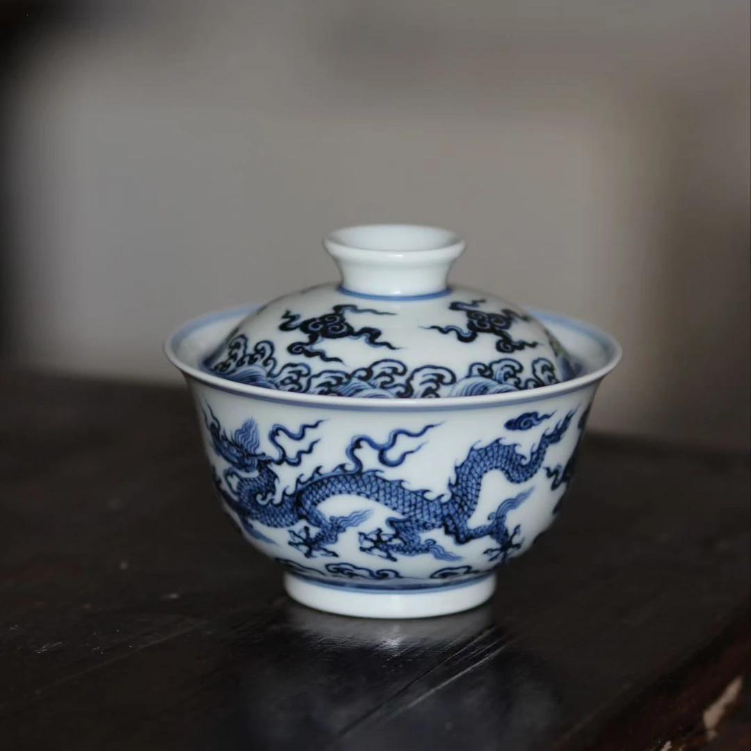 景德镇 纯手绘全手工 仿明宣德 龙纹 双龙 复古两才盖碗容量150cc
