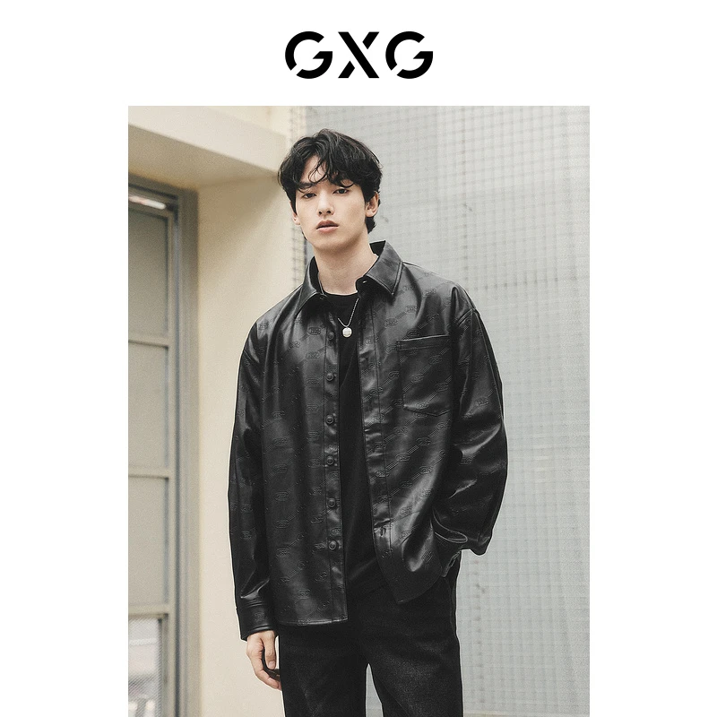GXG男装 城市回溯系列PU皮衣满印翻领时尚衬衫外套#G24D033012