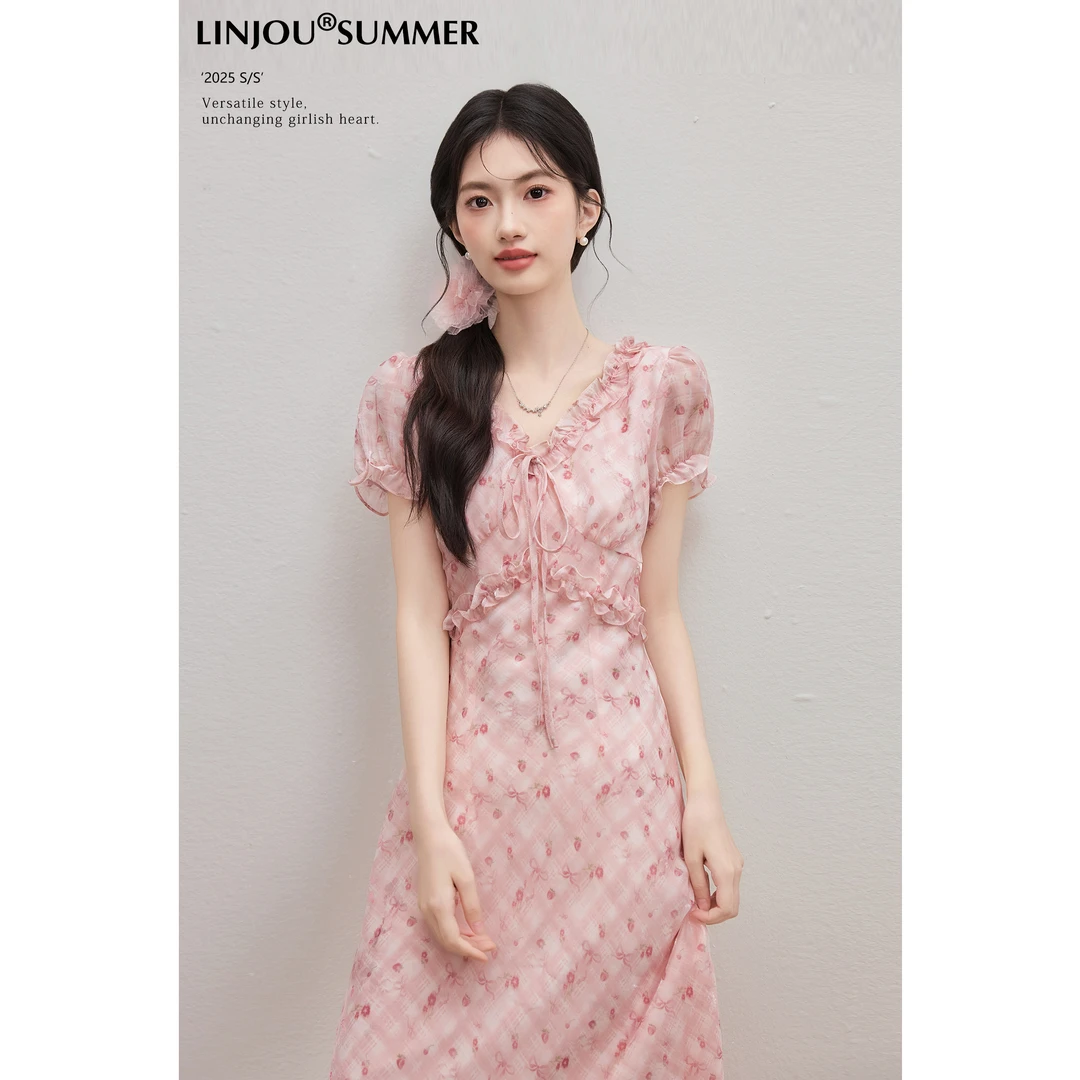 玲玖《浅绯花漾》2025夏季新款短袖连衣裙女夏季雪纺碎花长裙子