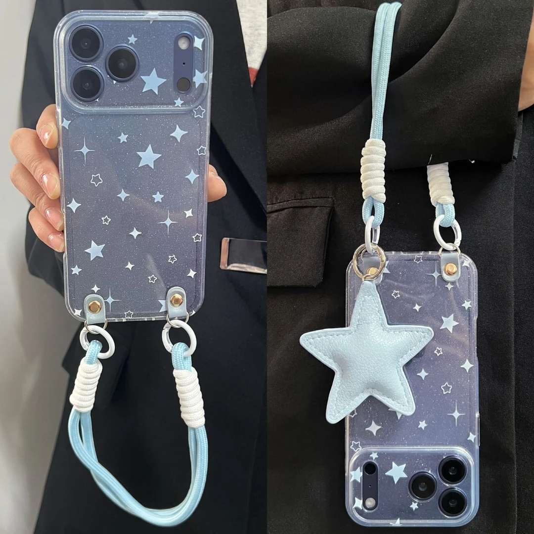 简约趣味透明闪粉蓝星星适用iPhone17promax手机壳苹果16pro新15