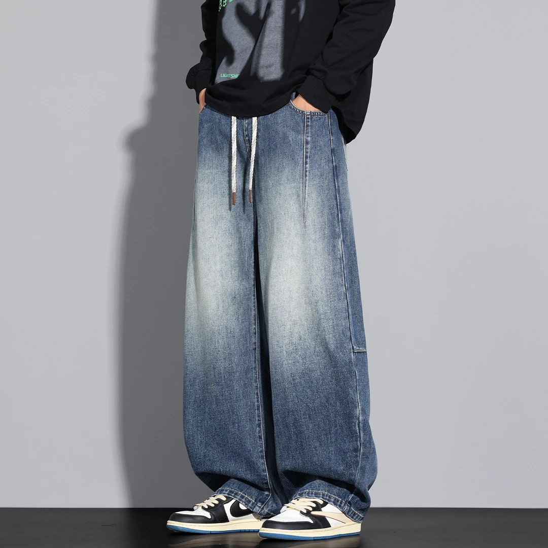 2025秋季弯刀阔腿牛仔裤美式潮牌高街水洗复古休闲垂感宽松长裤男