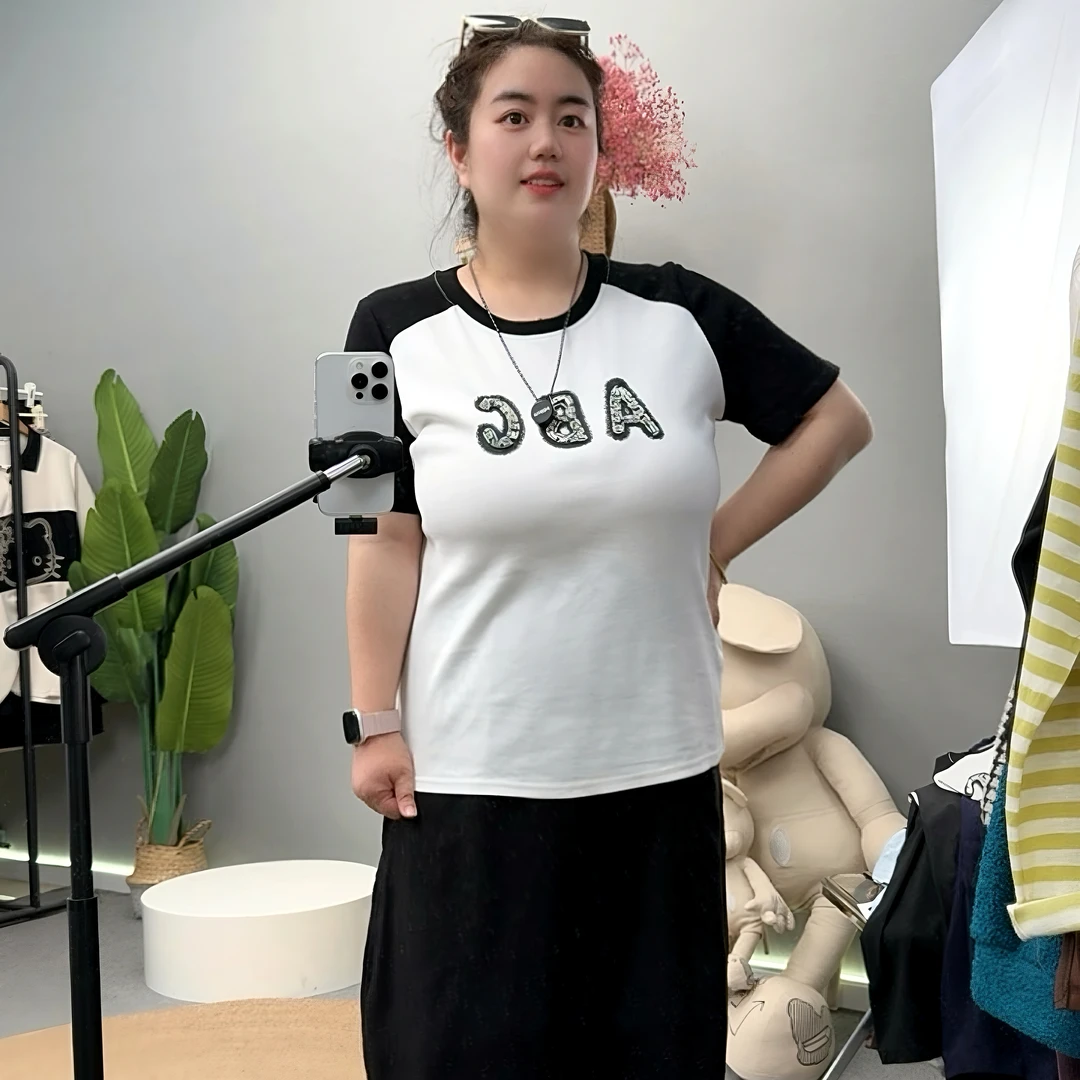 胖倩倩大码女装夏季拼色时尚休闲显瘦重工字母百搭短袖半袖T恤