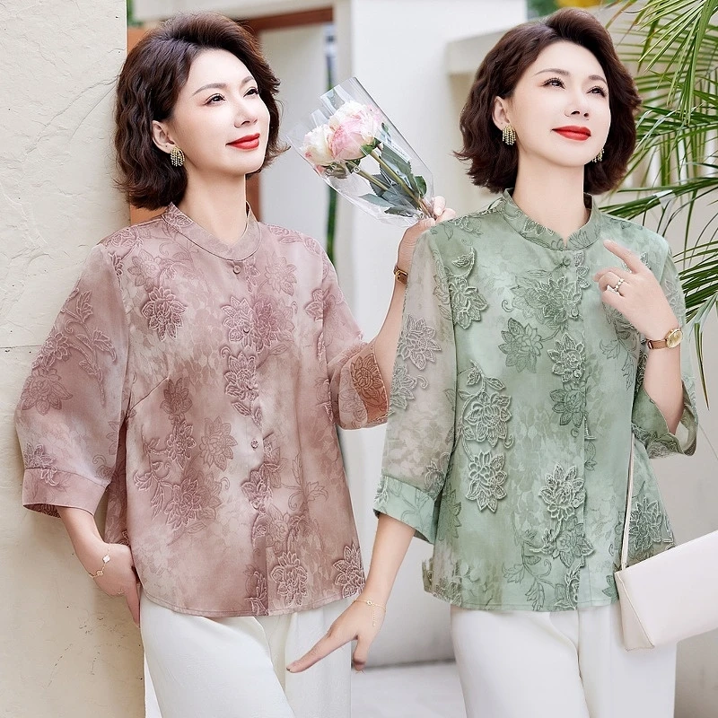 （新客）妈妈装印花夏季上衣中老年女装时尚夏装7分袖洋气立领小衫