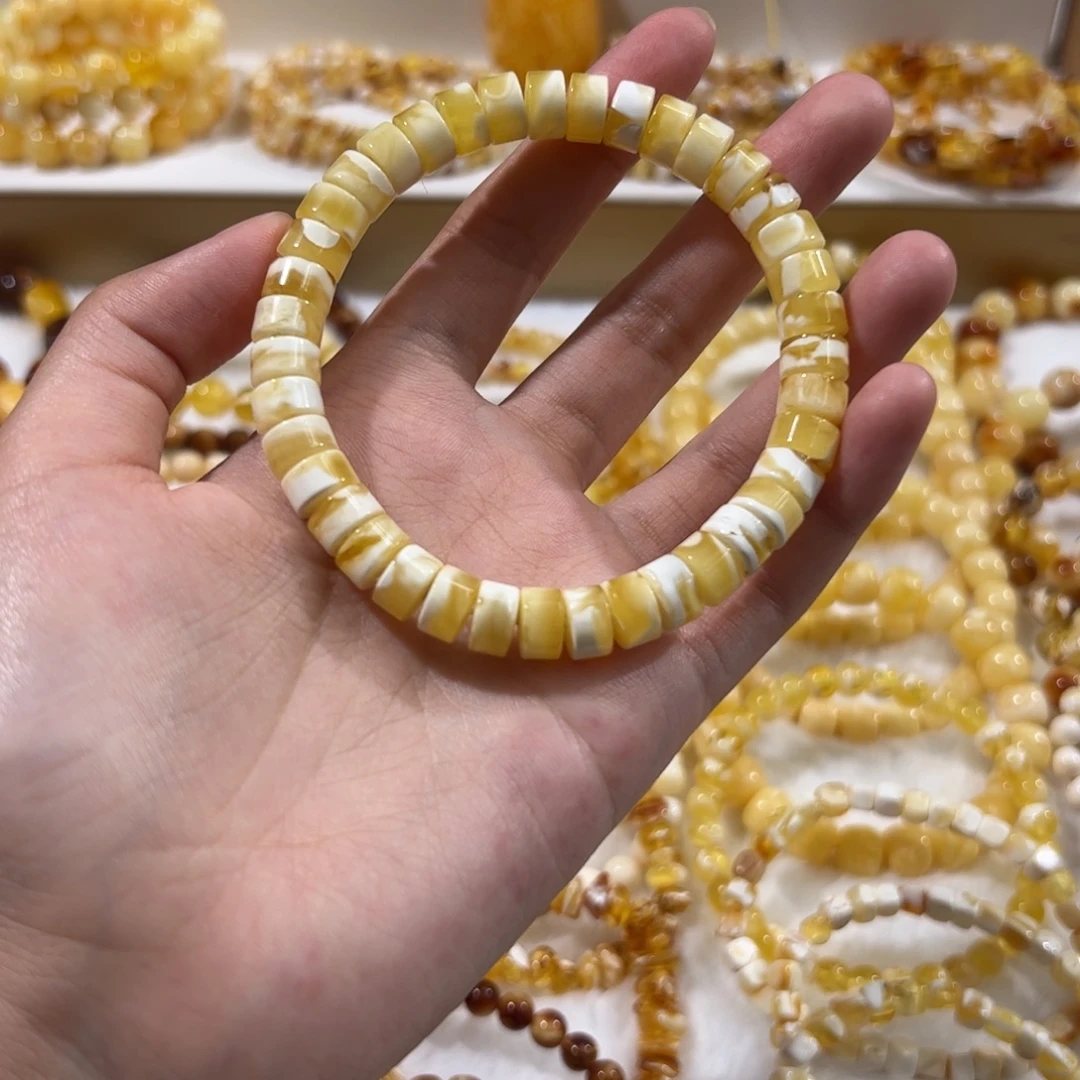 琥珀未镶嵌珠宝奇石金瓷白药片手串