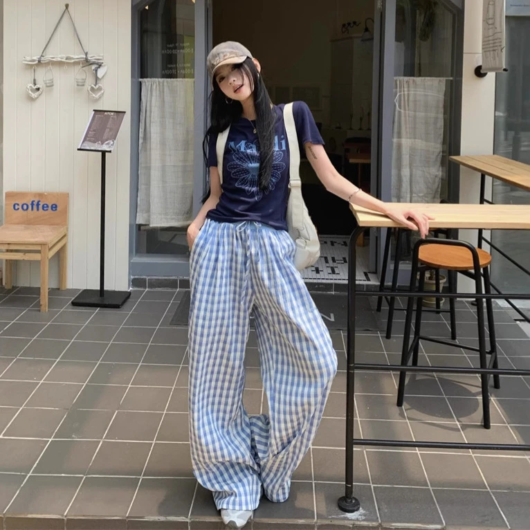 实拍2025小个子修身花朵印字短袖T恤+高腰格子阔腿裤套装显瘦
