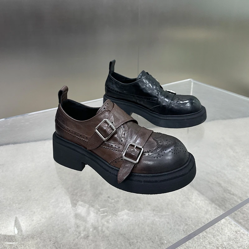 【左右华菲】5cm欧货布洛克手抓纹厚底乐福鞋2025春季新款复古做旧