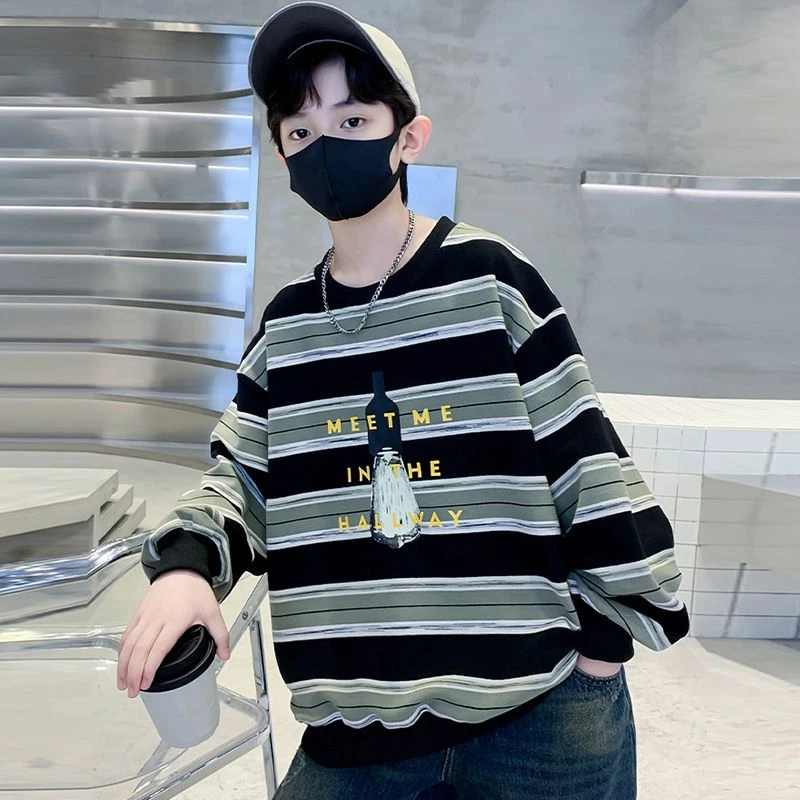 2025新款男童儿童加绒卫衣秋款男孩宝宝衣服爆款帅气大童条纹上衣