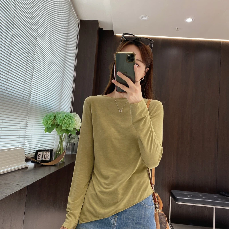 IMFLY金小金自制女装 莱赛尔T恤DYW9030春夏季不规则长袖打底衫