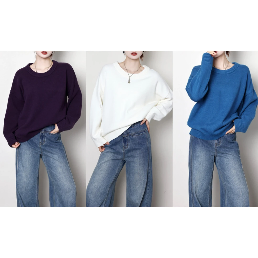 裂渡宣宣【莫奈花园】微胖大码女冬季百搭气质圆领针织毛衣ZY411K05