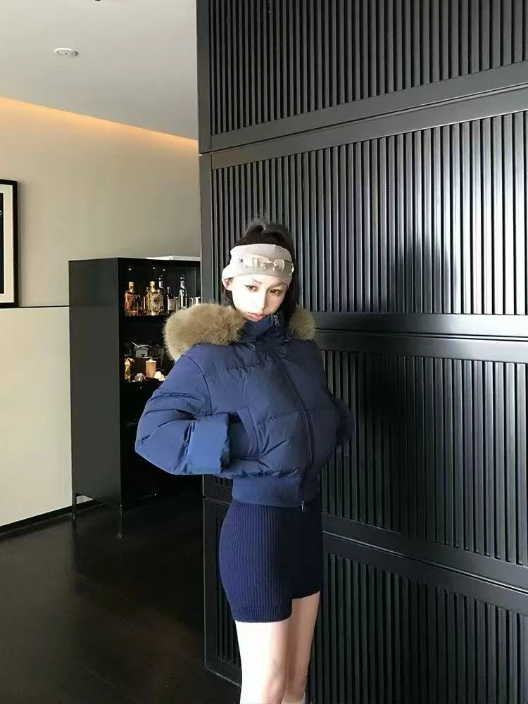 新款冬季连帽大毛领短款女士小个子松弛感减龄甜美女学生棉服外套