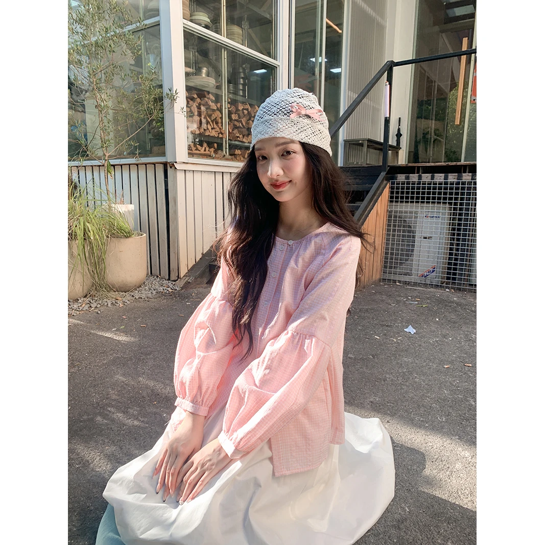 粉色回忆！满满少女心的韩系圆领单排扣长袖衬衫DS12634