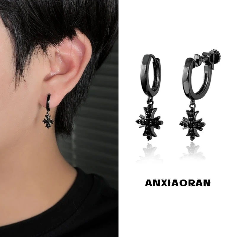 合金锆石耳饰 暗黑风鸢尾花十字架耳环无耳洞耳夹复古耳钉潮流男