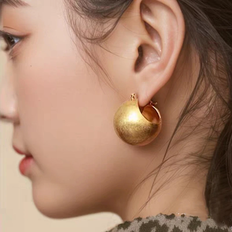 黄铜耳饰 欧美夸张大气复古哑光做旧金属圆球耳环轻奢大点位25mm