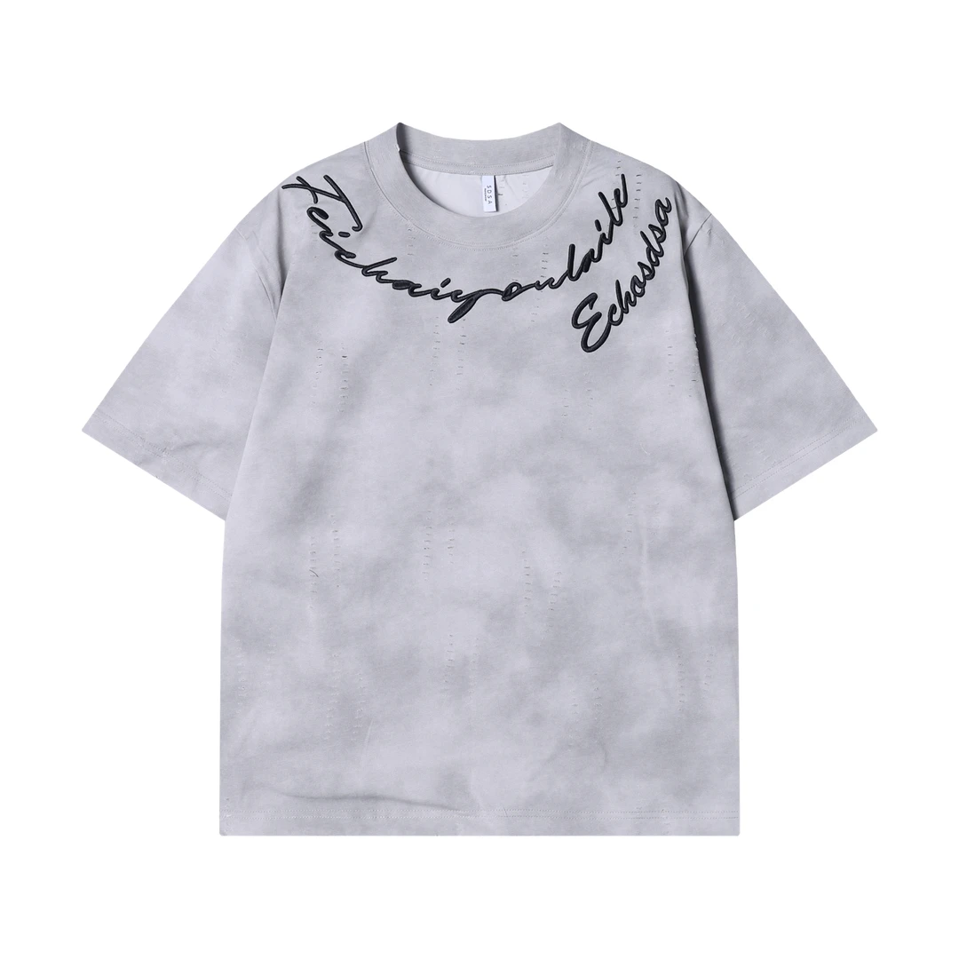 春夏新款时尚个性扎染磨破刺绣字母圆领半袖T恤潮流百搭情侣上衣