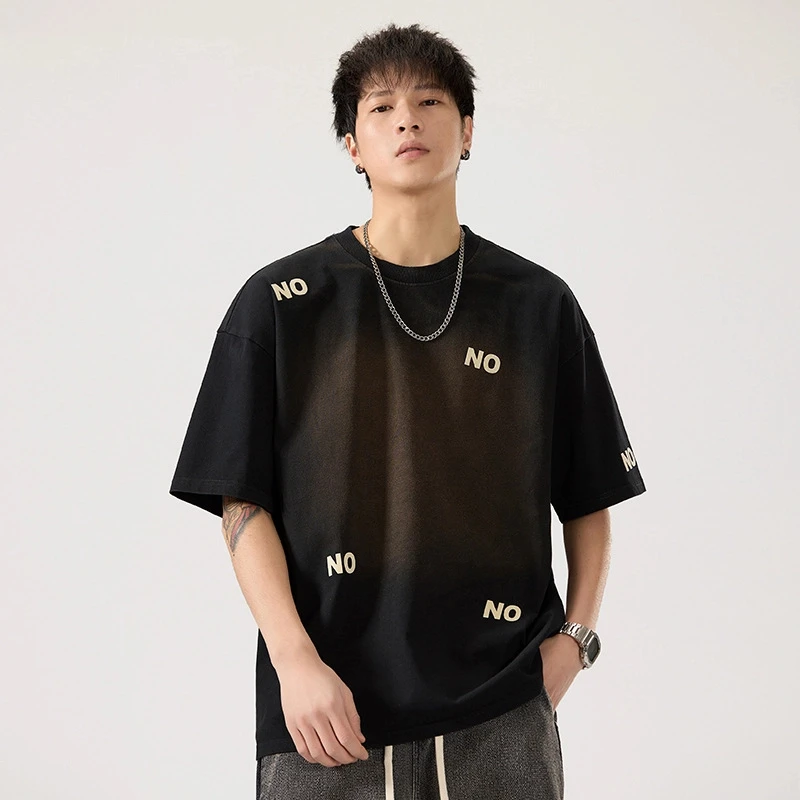 夏季新款复古水洗短袖t恤男宽松大码重磅纯棉五分袖渐变半袖体恤