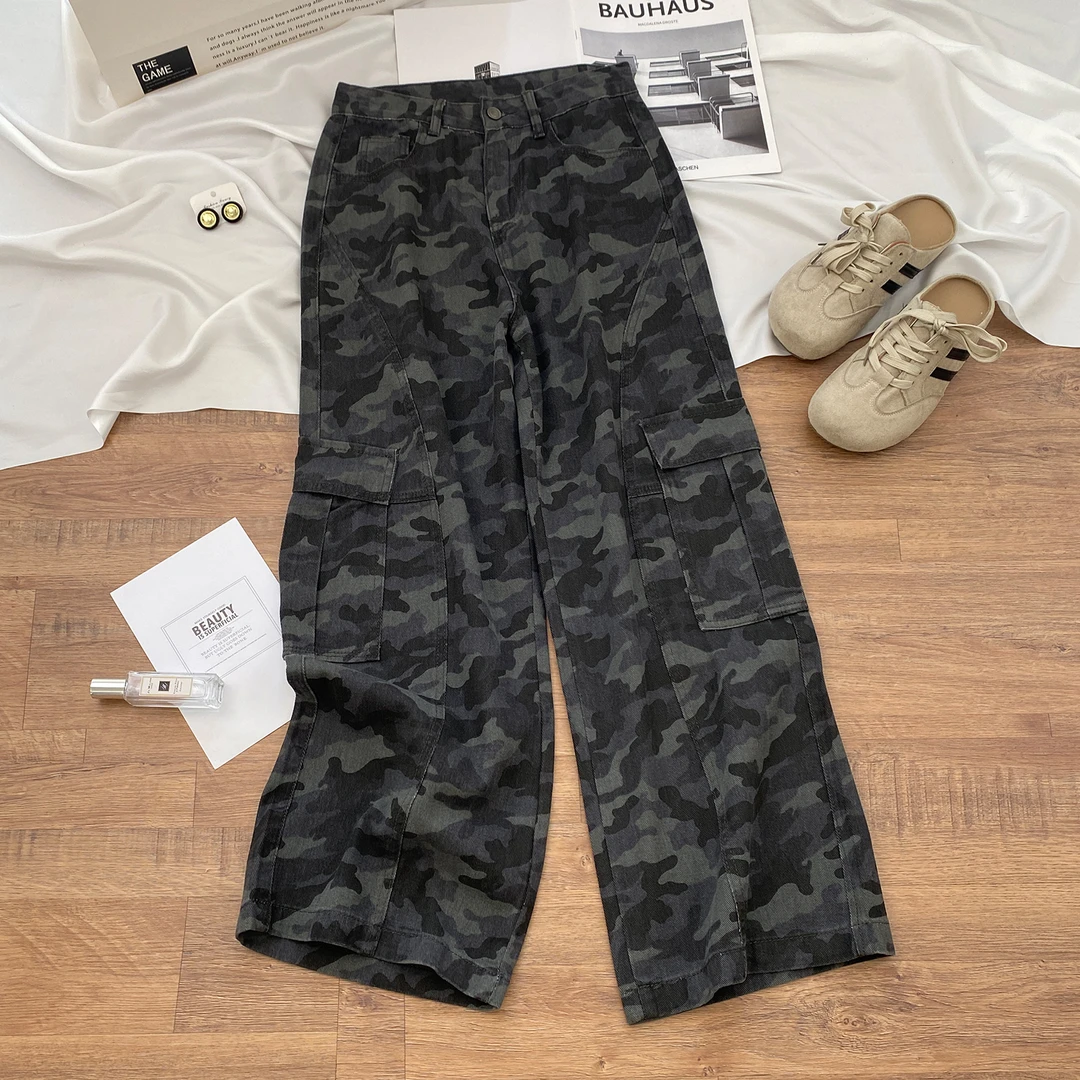 迷彩工装阔腿牛仔裤女早秋季2025年新款高腰显瘦宽松直筒拖地裤子