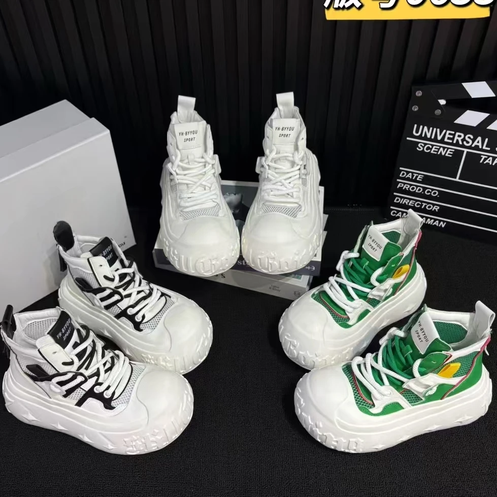 WP夏季休闲风夏网面圆头女中跟短靴秋季厚底溶解鞋高帮潮流系带