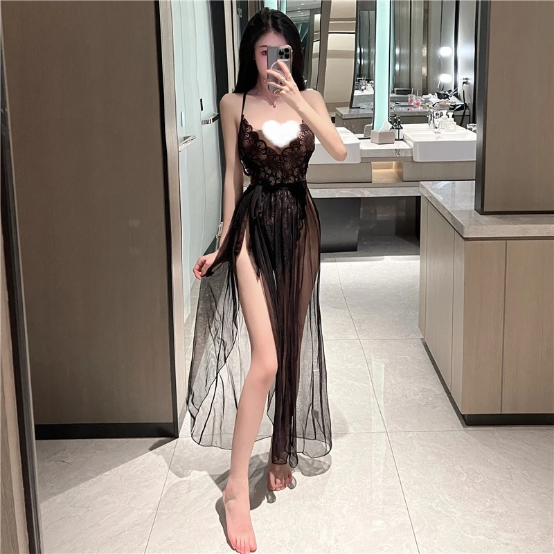 长款性感抽绳连衣裙睡裙睡衣显瘦气质黑色薄款露背