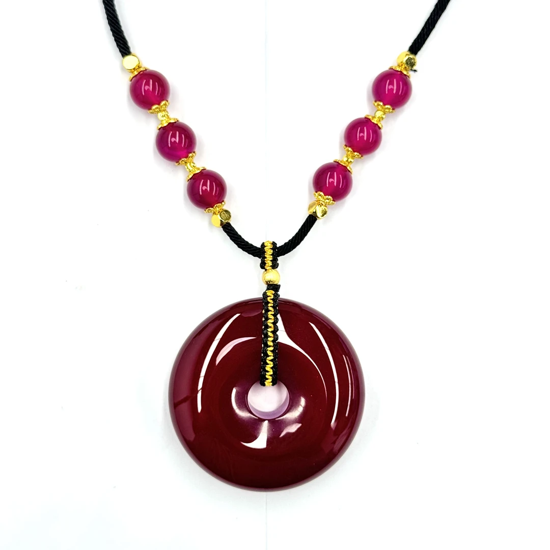 【符老板】y2298-复古风红幽灵玛瑙平安扣毛衣链-赠礼盒