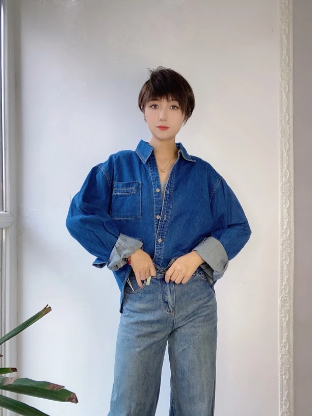 蓝色牛仔衬衫女宽松外套
