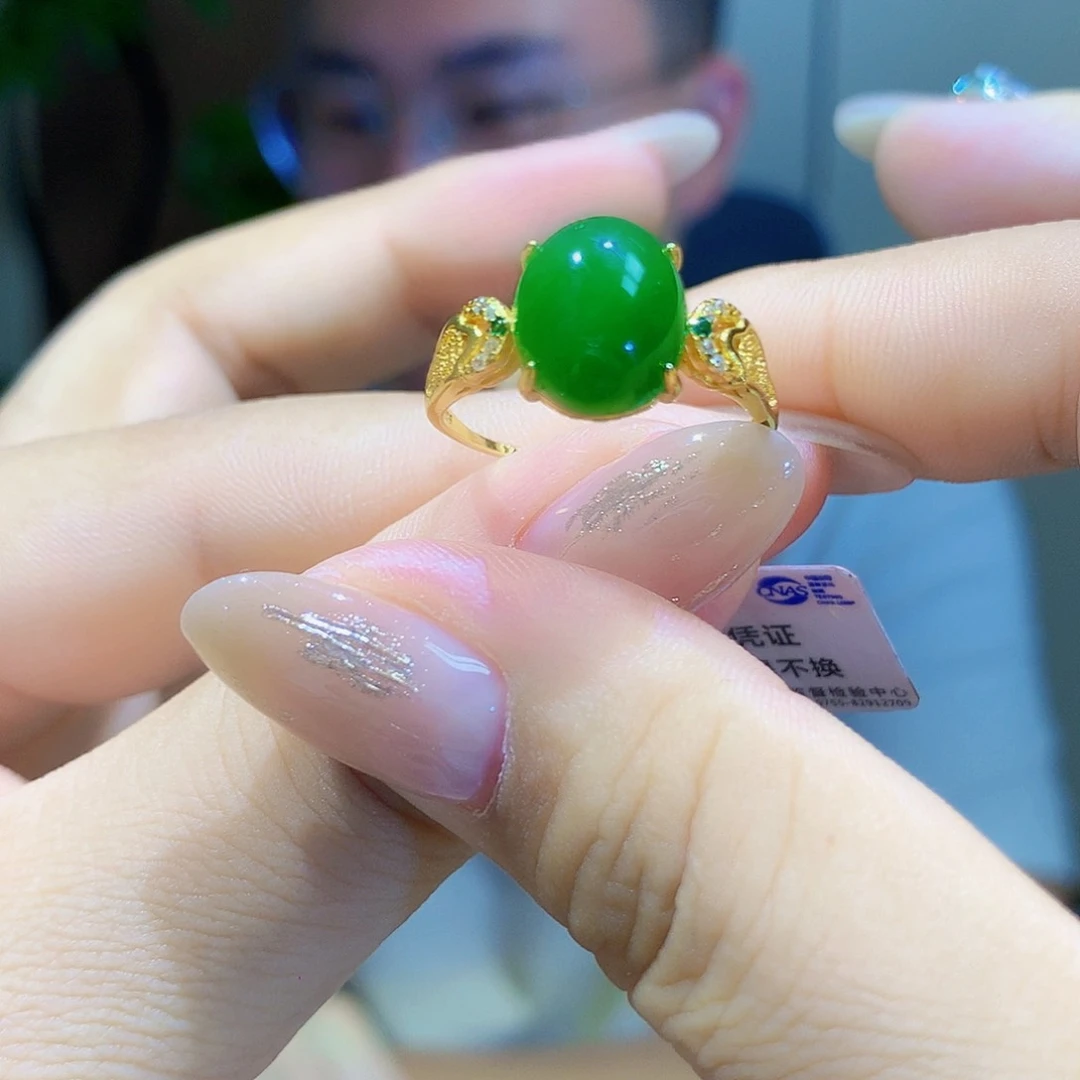 和田玉（碧玉）戒指银S925镀金镶嵌
