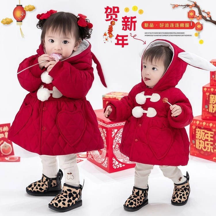 女宝宝兔耳连帽红色棉衣外套女婴幼童秋冬装女童夹棉加绒加厚棉服