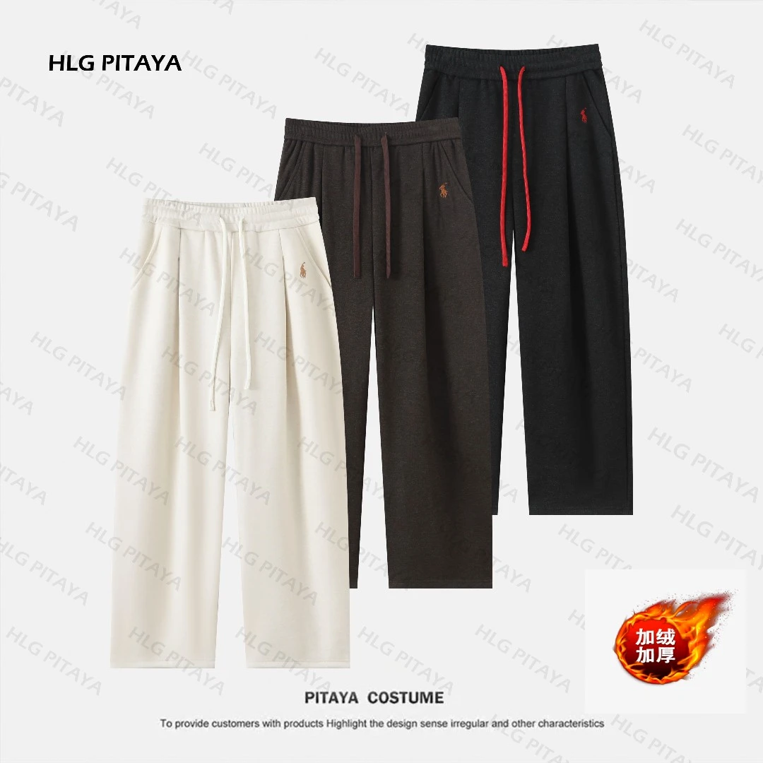 加绒款醋酸绵羊毛刺绣小马标直筒休闲裤老钱风慵懒百搭男宽松