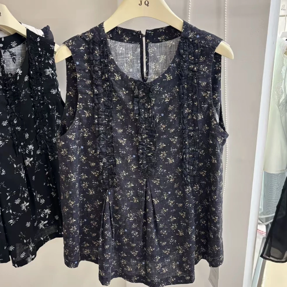 木耳花边拼接小碎花衬衫夏季圆领宽松气质无袖娃娃衫上衣