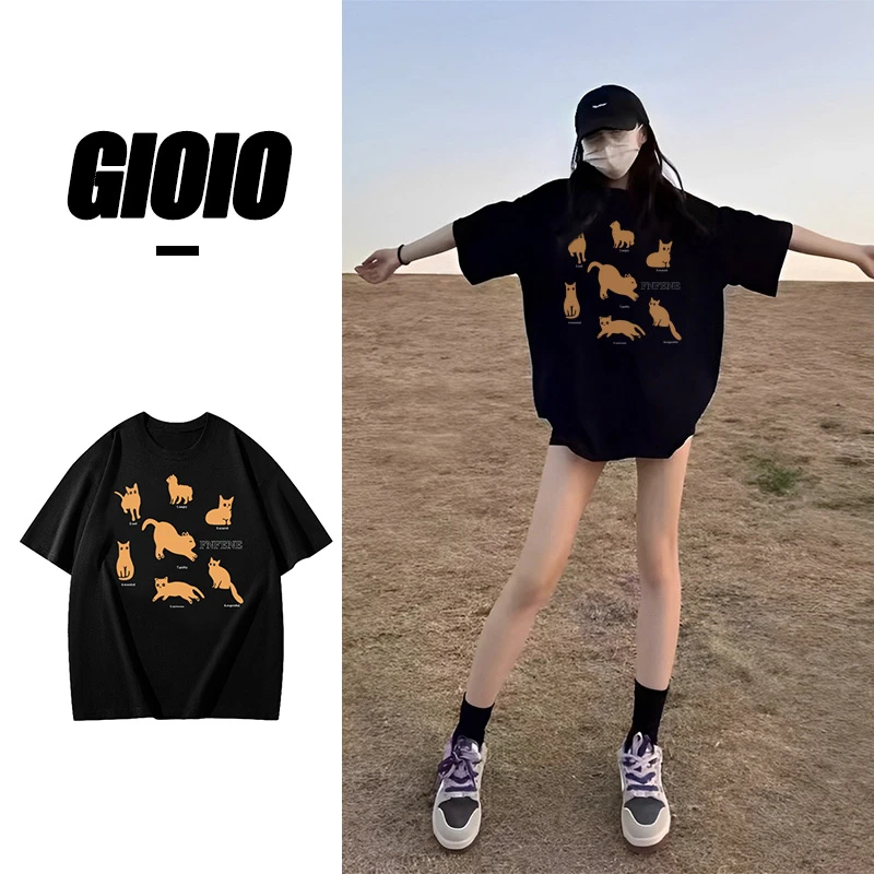 GIOIO潮牌美式纯棉短袖t恤女季新款韩版宽松学生上衣显瘦百搭