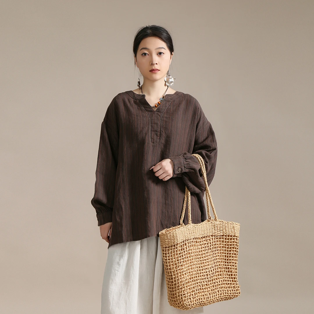 【以之】设计师品牌原创大版宽松亚麻上衣v领长袖纽扣舒适小衫女