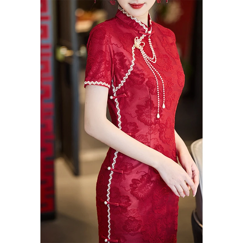 新中式酒红色结婚旗袍中国风订婚气质修身中式敬酒服