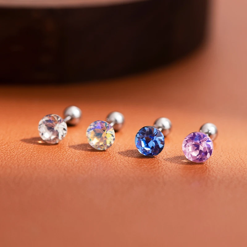 钛钢合成锆石耳饰 螺纹拧扣耳钉女气质耳骨钉超闪耳蜗钉饰品百搭