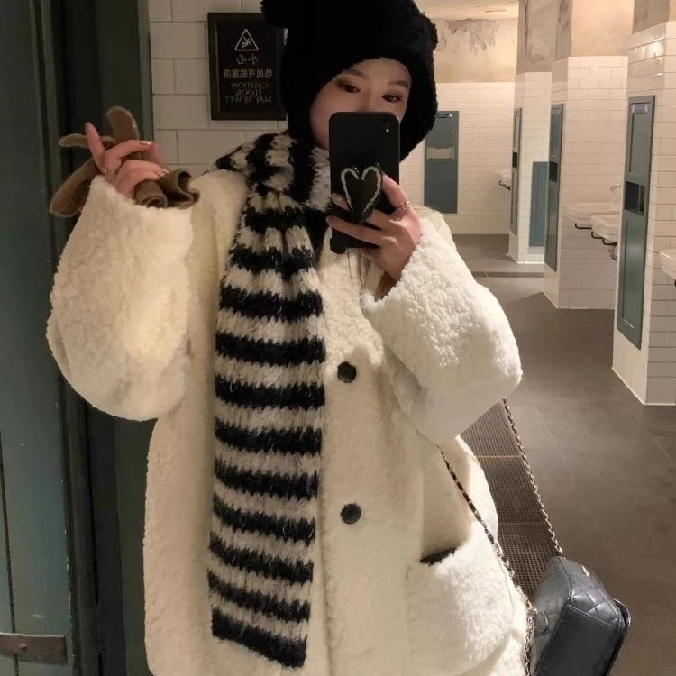 【有运费险】韩系皮毛高级一体仿羊羔加厚白色加厚上衣外套DJ307