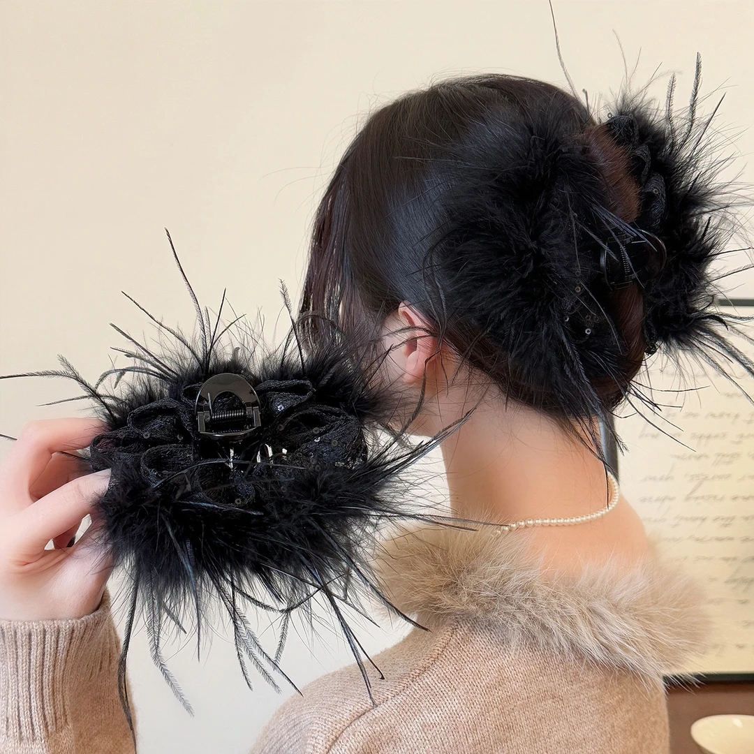 秋冬黑色羽毛抓夹大号鲨鱼夹新款发夹后脑勺全盘发抓夹