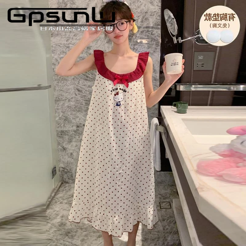 gpsunlu纱布睡裙女夏季2025新款带胸垫棉质可爱可外穿网红款大码