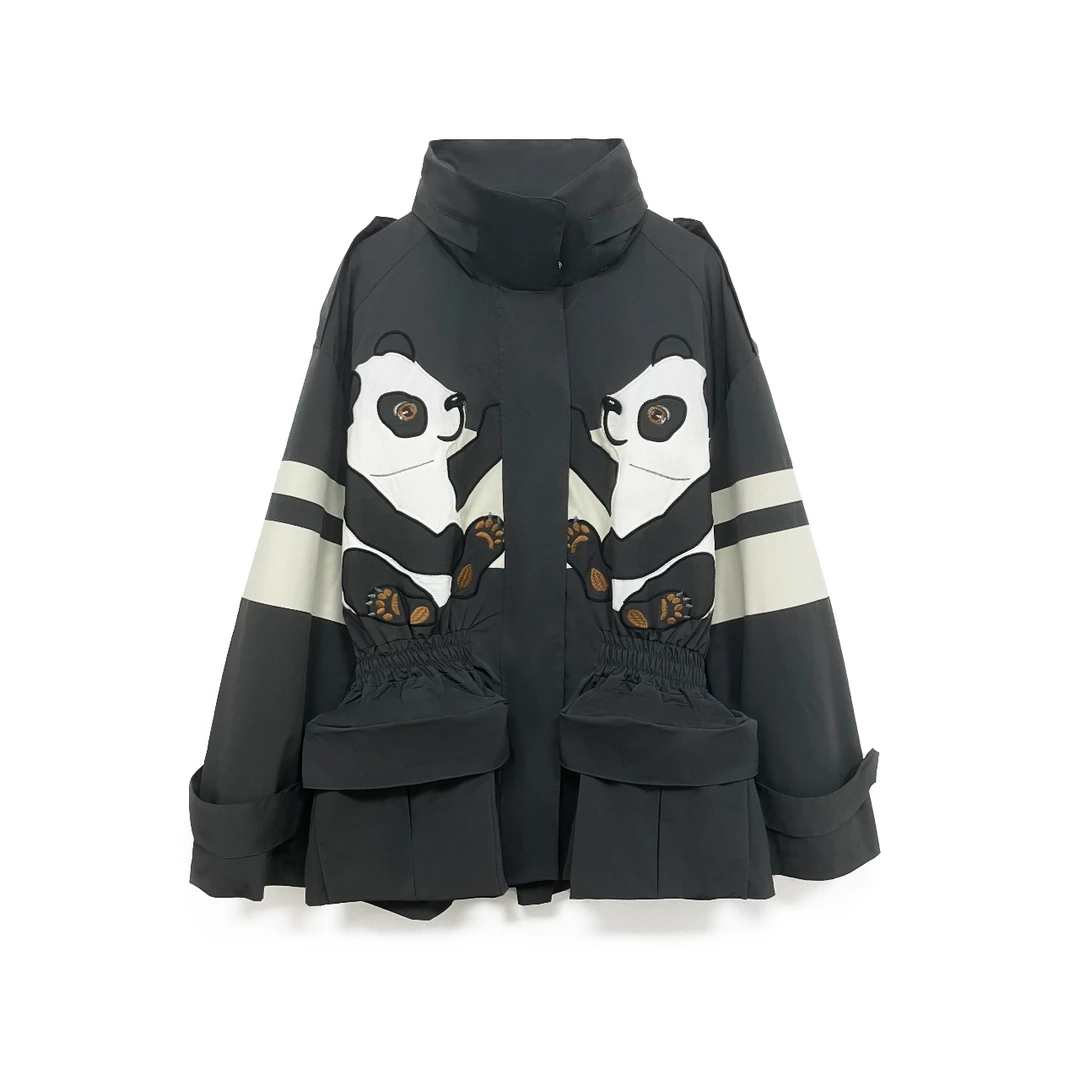 【熊猫风衣】 2025秋季新款灰白撞色熊猫刺绣大口袋收腰连帽风衣
