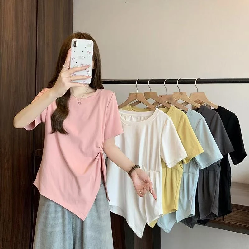 2025夏装新款胖mm显瘦大码女简约时尚收腰不规则圆领短袖T恤A0352