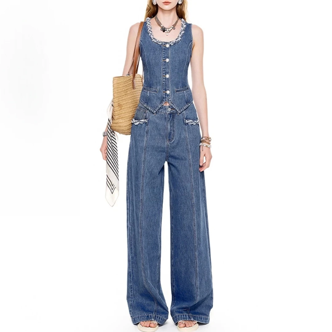 老钱风2025夏季新款法式珍珠阔腿长裤时尚休闲背心牛仔马甲套装女