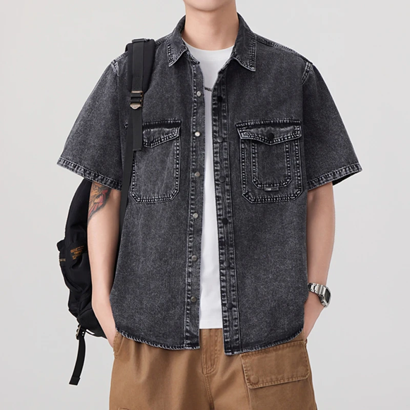 2025夏季冰凉触感柔软水洗薄料牛仔短袖衬衫男士新款休闲衬衣男