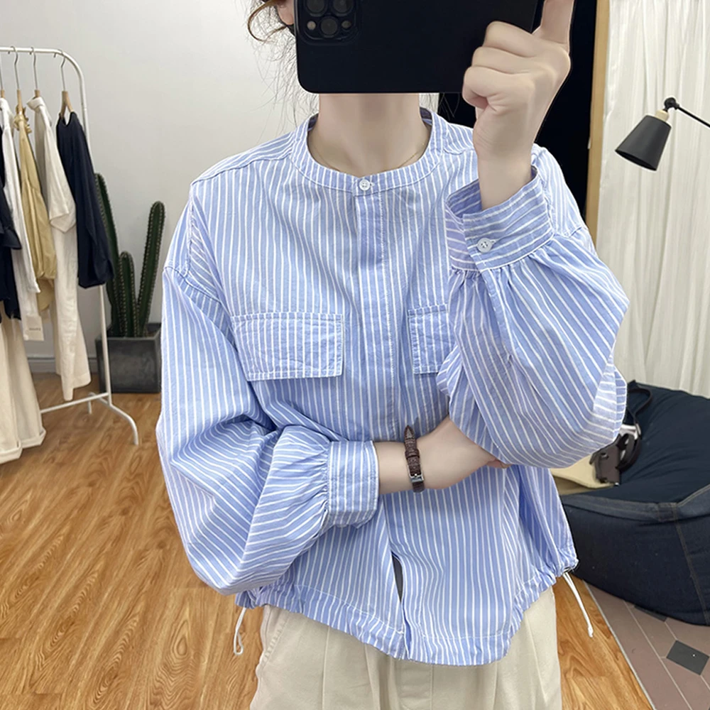 秋季新款设计感双口袋纯棉长袖衬衫抽绳减龄复古立领休闲条纹衬衣
